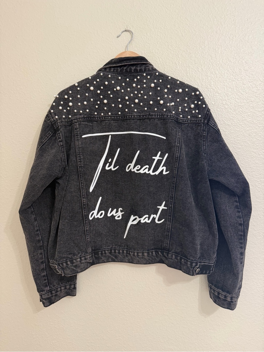 Pearl-Embellished Black Denim Bachelorette Jacket